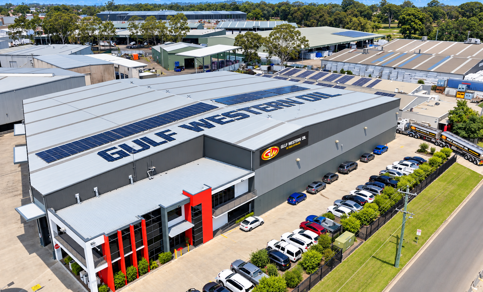 Rooftop solar on the Gulf Western Oil warehouse, installed by Solar Partners Australia Rooftop solar on the Gulf Western Oil warehouse, installed by Solar Partners Australia