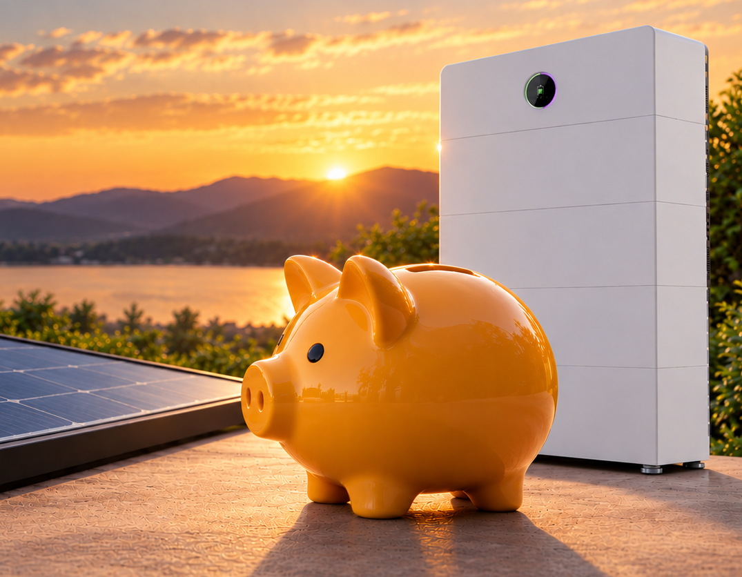 Home battery and solar panels with a piggy bank at sunset
